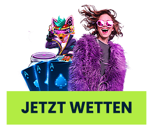 Farbige Darstellung einer Frau neben Spielkarten und einem DJ Charakter über einem grünen Jetzt Wetten Feld