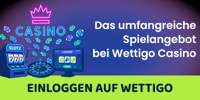 Illustration mit Slot Maschine Roulette und Casino Symbolen neben einem Hinweis zum umfangreichen Spielangebot im Kontext von Wettigo Schweiz