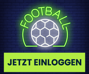 Neonzeichnung eines Fußballballs mit dem Schriftzug Football über einem Jetzt Einloggen Hinweis